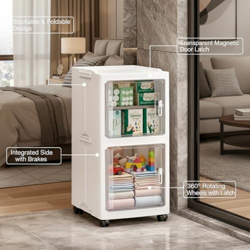 Owme 2 Layer Plastic Storage Cabinet with Transparent Doors | Multipurpose Wardrobe Organizer for Clothes, Toys, Shoes & Accessories | Space Saving Storage Unit - OFF WHITE - Image 4