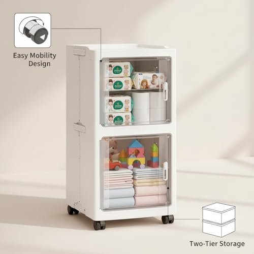 Owme 2 Layer Plastic Storage Cabinet with Transparent Doors | Multipurpose Wardrobe Organizer for Clothes, Toys, Shoes & Accessories | Space Saving Storage Unit - OFF WHITE - Image 3