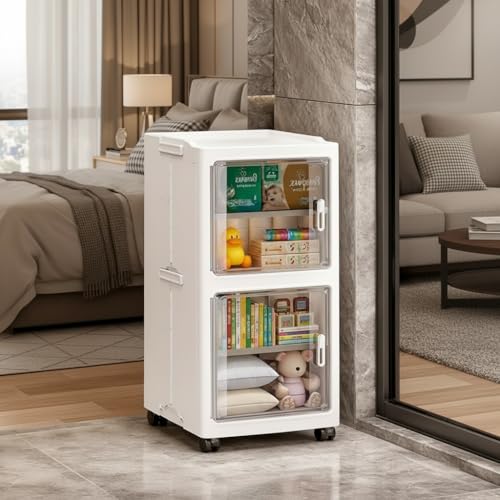 Owme 2 Layer Plastic Storage Cabinet with Transparent Doors | Multipurpose Wardrobe Organizer for Clothes, Toys, Shoes & Accessories | Space Saving Storage Unit - OFF WHITE - Image 1