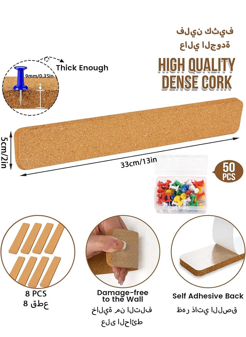 DPTER 8Pcs Cork Board Bar Strips with 50 Pushpins, Self-Adhesive Bulletin Board Strips No Damage for Wall, Felt Pin Board for Paste Notes, Photos, Schedules Office Decor，33*5cm, Camel color  - Image 2