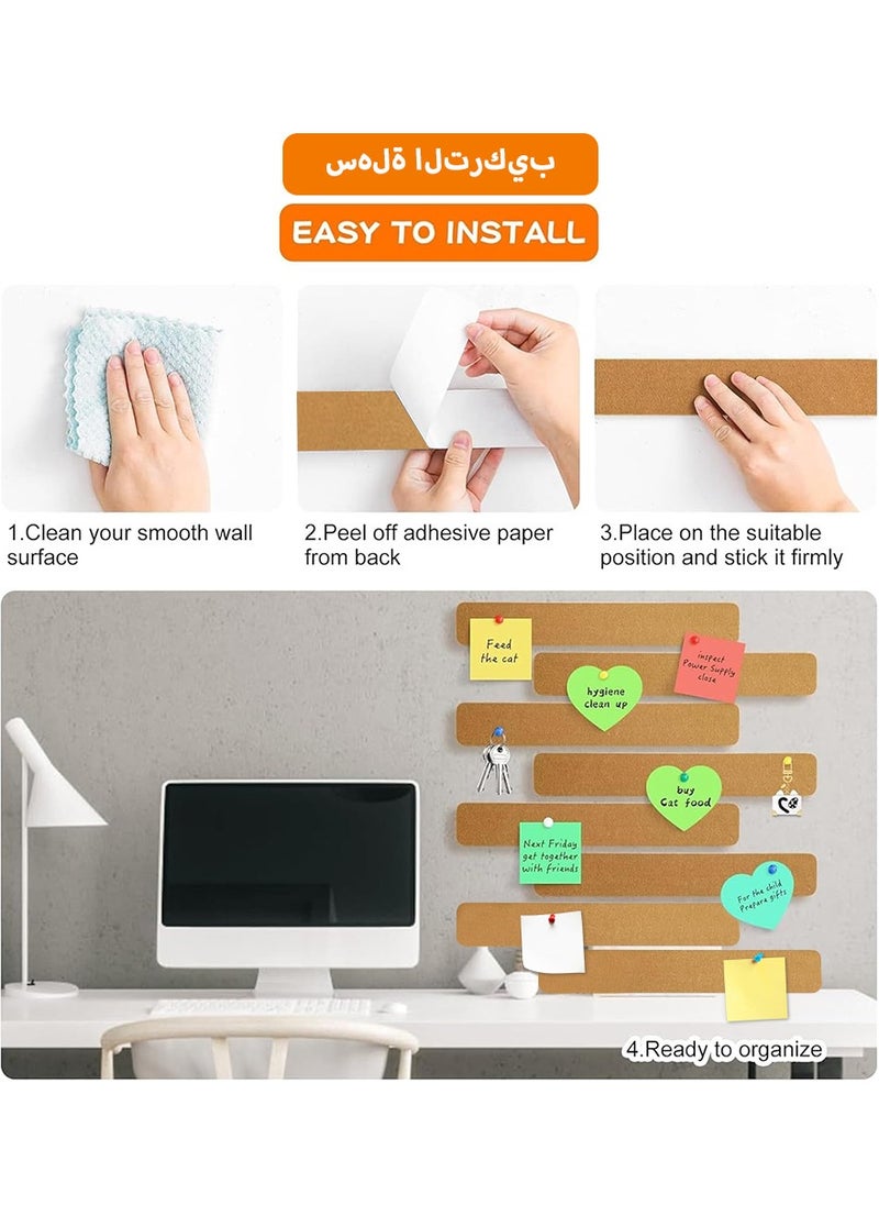 DPTER 8Pcs Cork Board Bar Strips with 50 Pushpins, Self-Adhesive Bulletin Board Strips No Damage for Wall, Felt Pin Board for Paste Notes, Photos, Schedules Office Decor，33*5cm, Camel color  - Image 3