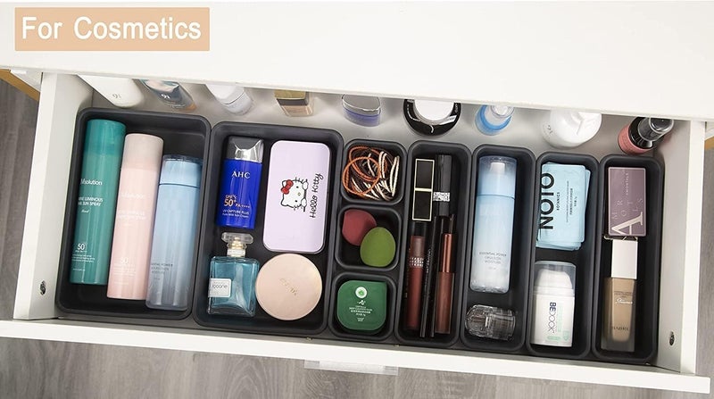 JUZR 15 Pack Interlocking Drawer Organizers Storage Bins Bathroom Office Kitchen Organization Containers for Organizing Multiple Sizes Black - Image 3