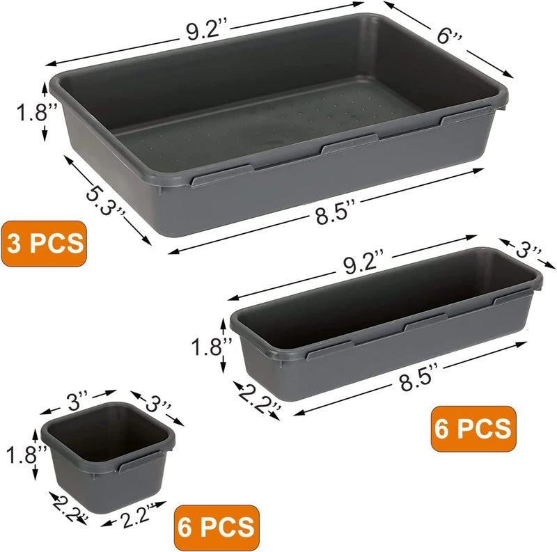 JUZR 15 Pack Interlocking Drawer Organizers Storage Bins Bathroom Office Kitchen Organization Containers for Organizing Multiple Sizes Black - Image 2