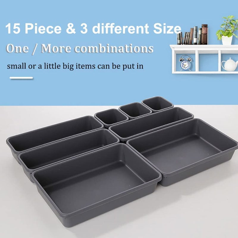 JUZR 15 Pack Interlocking Drawer Organizers Storage Bins Bathroom Office Kitchen Organization Containers for Organizing Multiple Sizes Black - Image 4