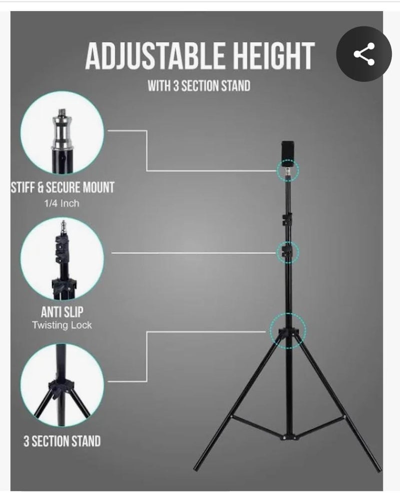 Light weight 7 ft Studio & Ring Light Stand for photography, Reflector, Flash units, diffuser, portrait, softbox, studio Ring light etc. Ideal for outdoor, indoor shoots. Metal. 1/4 inch thread. Black - Image 2