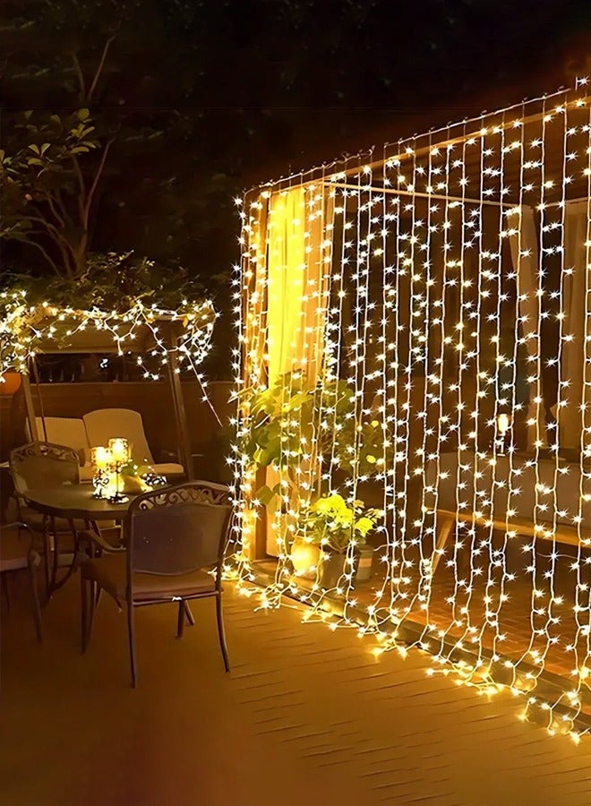 تايمي سلسلة أضواء زخرفية على شكل ستارة، بطول 3 أمتار × 2 متر، 200 مصباح ليد، تعمل عبر USB، 8 أوضاع، أضواء ليلية على شكل نجمة مع جهاز تحكم عن بعد ومؤقت، مناسبة للحفلات الداخلية والخارجية في رمضان، باللون الأبيض الدافئ - Image 1