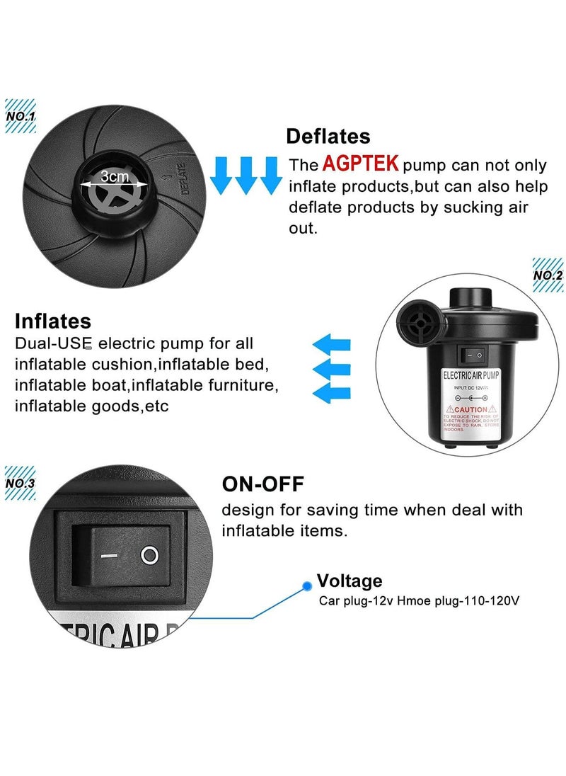 VUCATIN - Electric Air Pump Portable Quick-Fill Air Pump with 3 Nozzles 110V AC/12V DC Perfect Inflator/Deflator Pumps for Outdoor Camping Inflatable Cushions Air Mattress Beds Boats Swimming Ring - Image 1