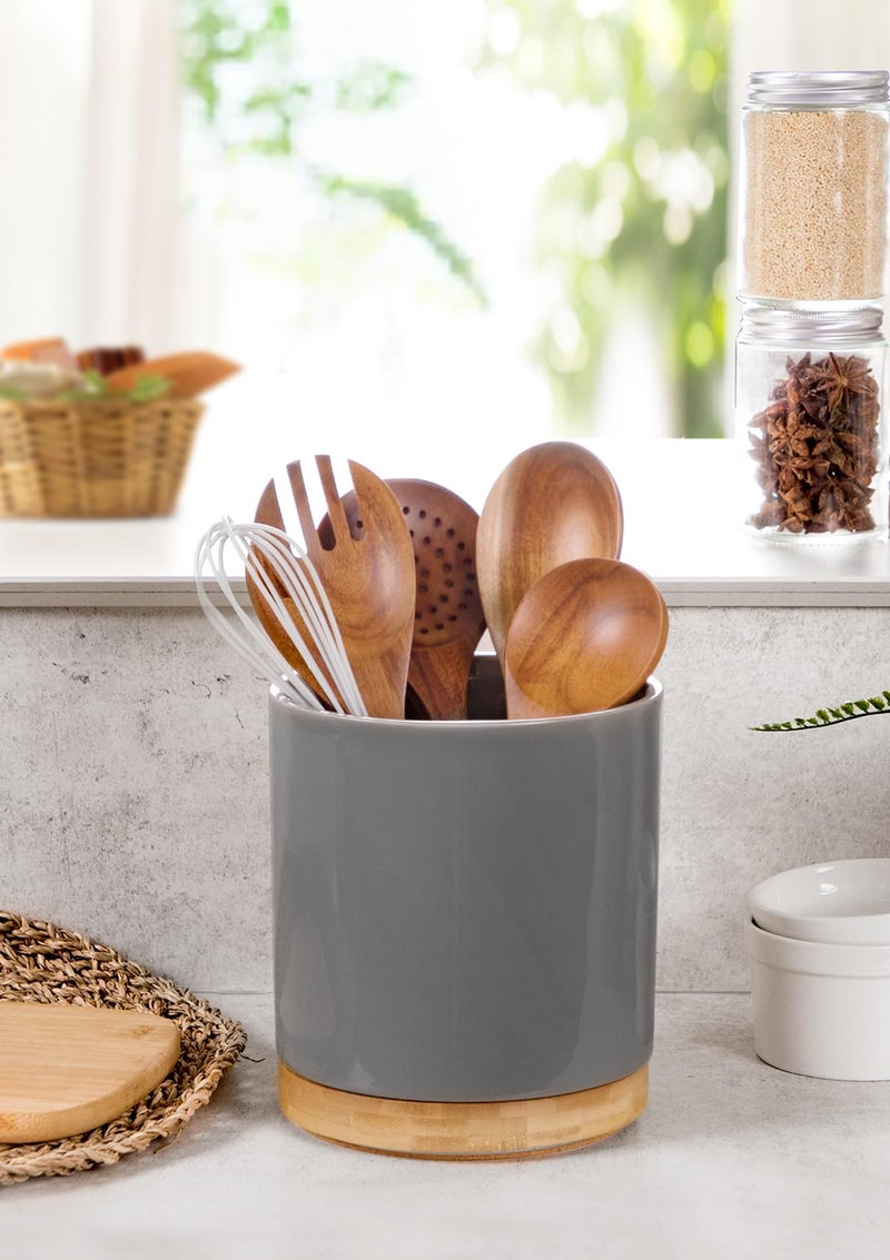 Nucookery 360° Rotating Utensil Holder, 7.2" Large Utensil Crock, White Ceramic Cooking Utensil Organizer with Countertop-Protection Cork Bottom for Farmhouse Kitchen Decor Gift (Gray) - Image 2