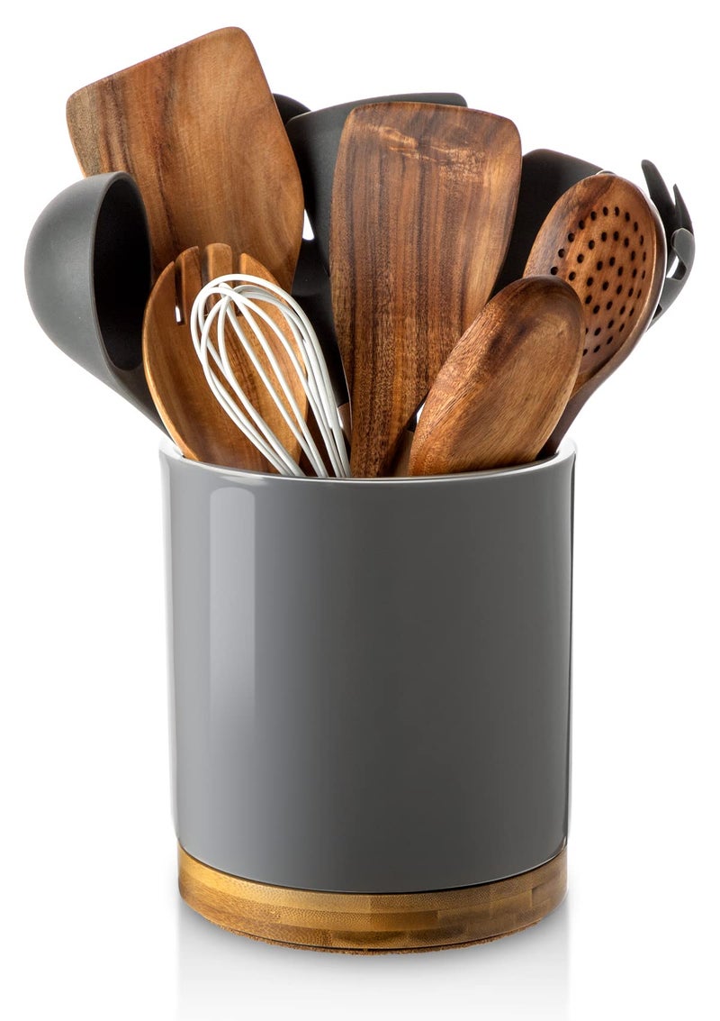 Nucookery 360° Rotating Utensil Holder, 7.2" Large Utensil Crock, White Ceramic Cooking Utensil Organizer with Countertop-Protection Cork Bottom for Farmhouse Kitchen Decor Gift (Gray) - Image 1