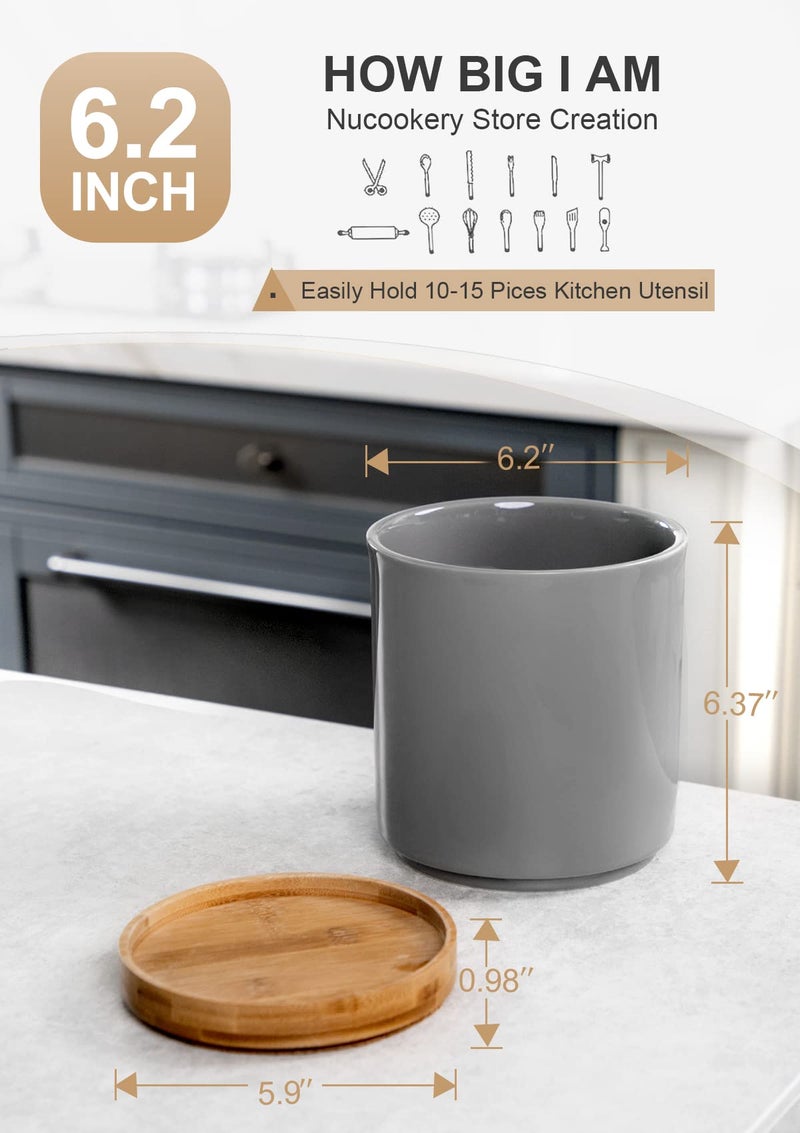 Nucookery 360° Rotating Utensil Holder, 7.2" Large Utensil Crock, White Ceramic Cooking Utensil Organizer with Countertop-Protection Cork Bottom for Farmhouse Kitchen Decor Gift (Gray) - Image 4
