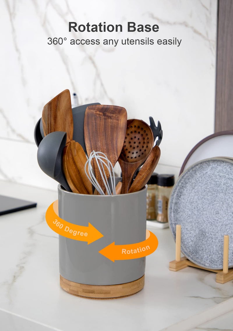 Nucookery 360° Rotating Utensil Holder, 7.2" Large Utensil Crock, White Ceramic Cooking Utensil Organizer with Countertop-Protection Cork Bottom for Farmhouse Kitchen Decor Gift (Gray) - Image 3