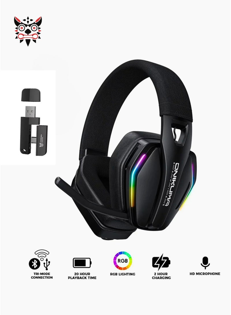 onikuma GT826 Tri-Mode Wireless Gaming Headset with Mic | 40mm Drivers, 40ms Low Latency, 60H Playtime | RGB Lighting | Compatible with PS5/PS4, PC, Switch, Mobile, Laptop & Mac (2.4GHz + Bluetooth 5.4 + Wired), Black - Image 1