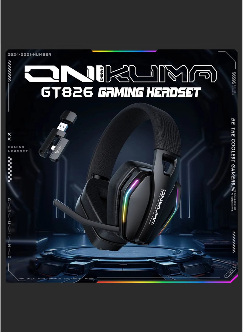 onikuma GT826 Tri-Mode Wireless Gaming Headset with Mic | 40mm Drivers, 40ms Low Latency, 60H Playtime | RGB Lighting | Compatible with PS5/PS4, PC, Switch, Mobile, Laptop & Mac (2.4GHz + Bluetooth 5.4 + Wired), Black - Image 4