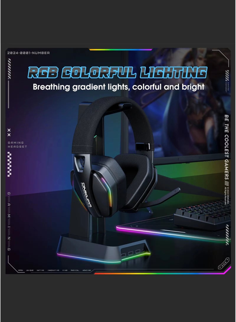 onikuma GT826 Tri-Mode Wireless Gaming Headset with Mic | 40mm Drivers, 40ms Low Latency, 60H Playtime | RGB Lighting | Compatible with PS5/PS4, PC, Switch, Mobile, Laptop & Mac (2.4GHz + Bluetooth 5.4 + Wired), Black - Image 3