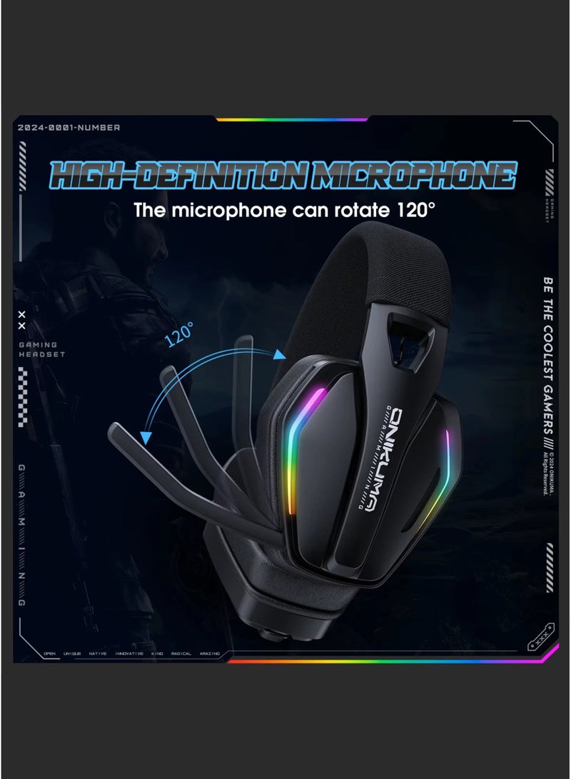 onikuma GT826 Tri-Mode Wireless Gaming Headset with Mic | 40mm Drivers, 40ms Low Latency, 60H Playtime | RGB Lighting | Compatible with PS5/PS4, PC, Switch, Mobile, Laptop & Mac (2.4GHz + Bluetooth 5.4 + Wired), Black - Image 5