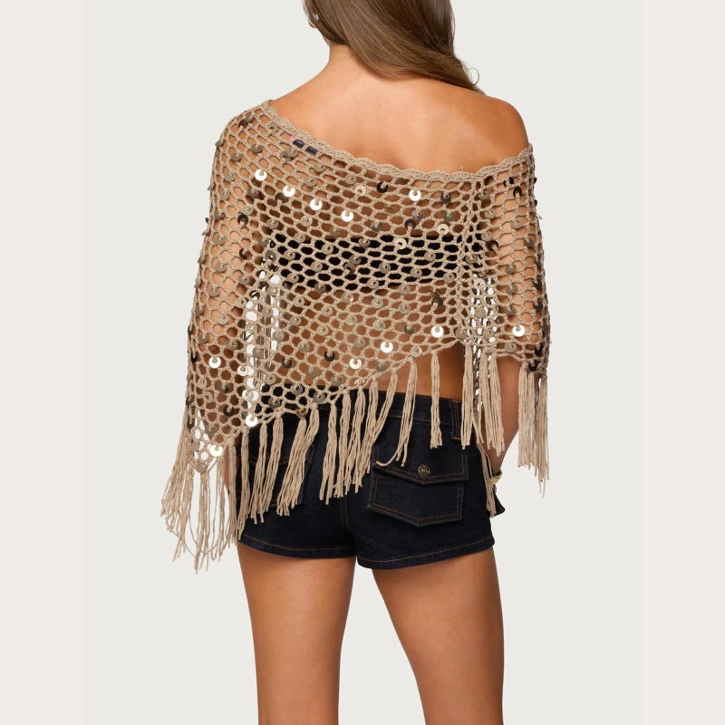 SOOKABEILA Womens Sheer Poncho Top See Through Knit Shrug Shawl Pullover Lightweight Asymmetrical Sweater Beach Cover Up (A Brown, S) - Image 3