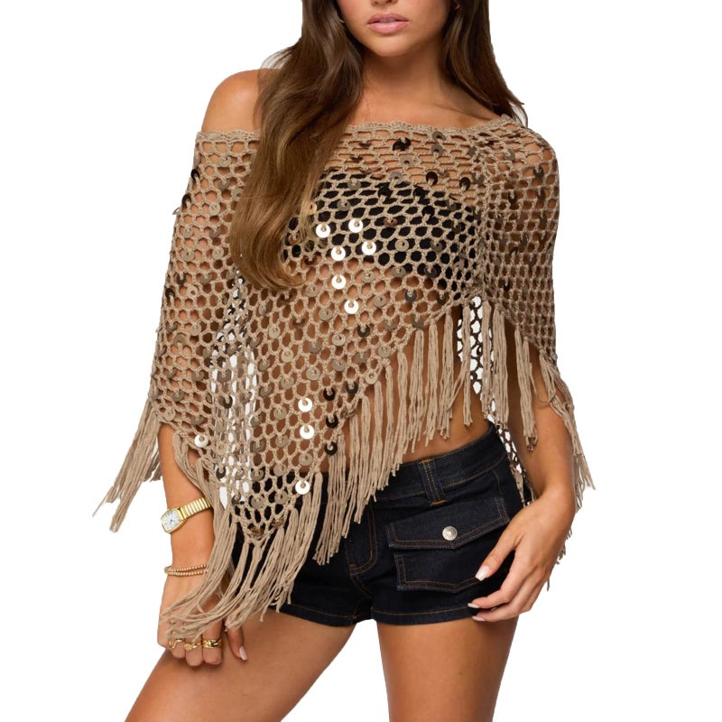 SOOKABEILA Womens Sheer Poncho Top See Through Knit Shrug Shawl Pullover Lightweight Asymmetrical Sweater Beach Cover Up (A Brown, S) - Image 1