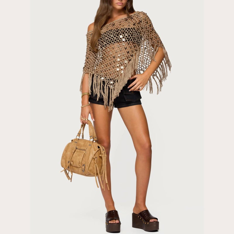SOOKABEILA Womens Sheer Poncho Top See Through Knit Shrug Shawl Pullover Lightweight Asymmetrical Sweater Beach Cover Up (A Brown, S) - Image 4