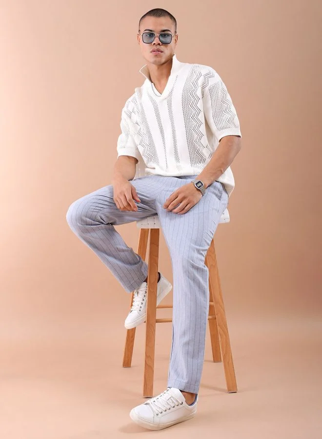 The Indian Garage Co The Indian Garage Co Men Relaxed Cropped Vertical Striped Mid-Rise Trousers