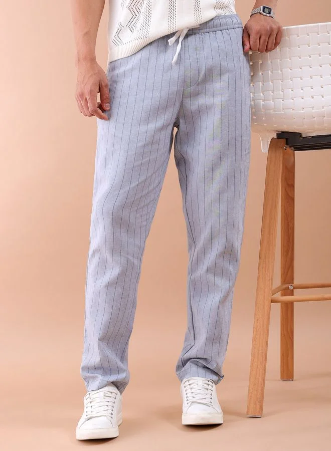 The Indian Garage Co The Indian Garage Co Men Relaxed Cropped Vertical Striped Mid-Rise Trousers
