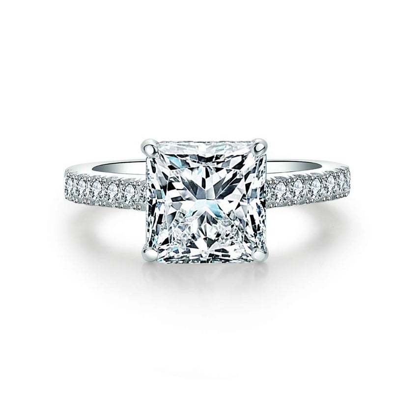 BeFab Sterling Silver Classic 3 Ct Princess Accented Solitaire Engagement Ring Square Cut Anniversary Ring Silver 6