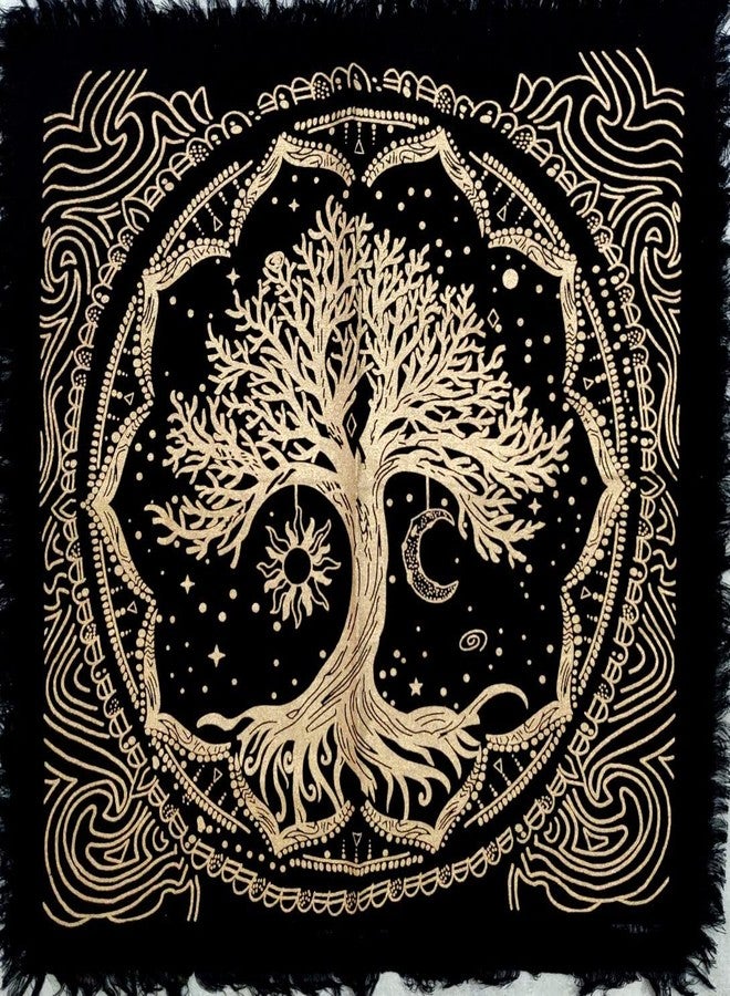 CRAFT KALA Tree of Life Tapestry Wall Hanging Aesthetic Sun and Moon Tapestry with Vintage Paisley Flowers Golden Tree Tapestry for Bedroom, Living Room, Dorm (Golden Sun Moon Tree, 24x24 inches) - Image 1