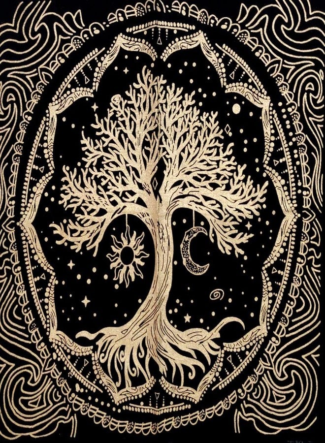 CRAFT KALA Tree of Life Tapestry Wall Hanging Aesthetic Sun and Moon Tapestry with Vintage Paisley Flowers Golden Tree Tapestry for Bedroom, Living Room, Dorm (Golden Sun Moon Tree, 24x24 inches) - Image 3