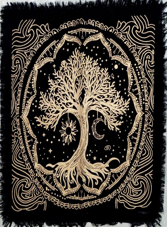 CRAFT KALA Tree of Life Tapestry Wall Hanging Aesthetic Sun and Moon Tapestry with Vintage Paisley Flowers Golden Tree Tapestry for Bedroom, Living Room, Dorm (Golden Sun Moon Tree, 24x24 inches) - Image 2