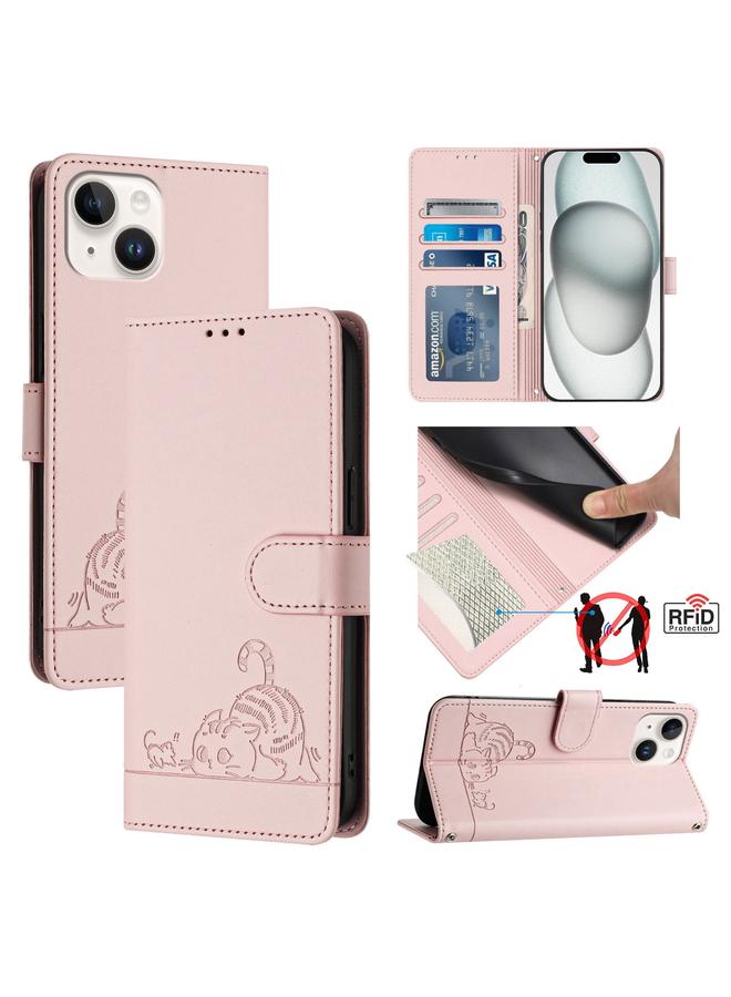 Zaboon Case For iPhone 13 mini Cat Rat Embossed Pattern RFID Leather Phone Case with Lanyard - Image 1