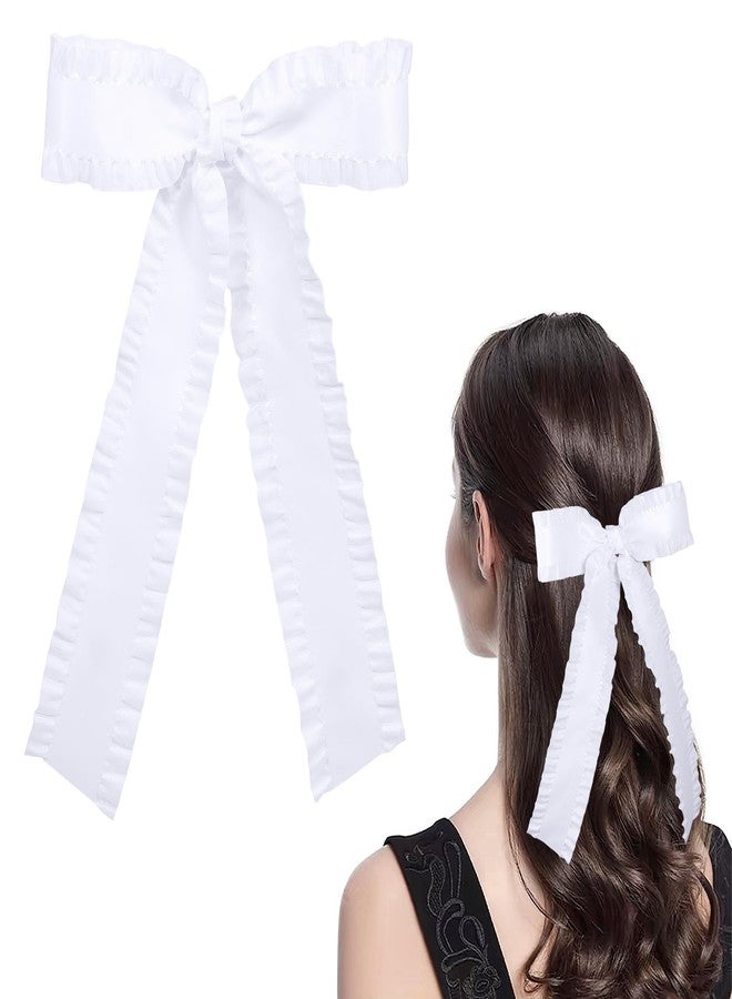 Miroksh 1 Pack White 5.5″Satin Ruffle Tassel Hair Bows,Big Bowknot Alligator Clips With Long Tail, Hair Accessories For Women, Teens, Toddlers, Kids - Image 1