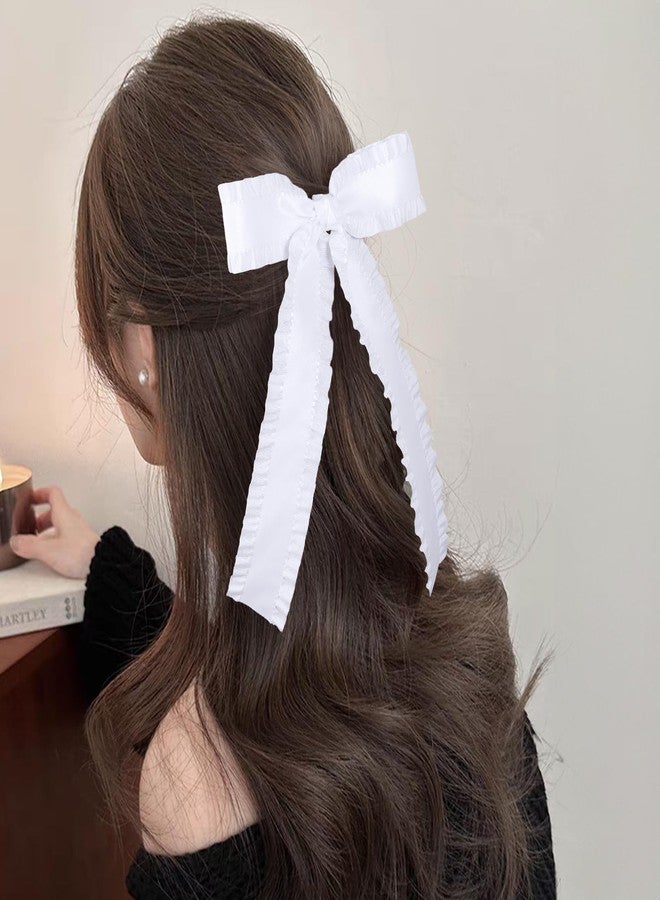 Miroksh 1 Pack White 5.5″Satin Ruffle Tassel Hair Bows,Big Bowknot Alligator Clips With Long Tail, Hair Accessories For Women, Teens, Toddlers, Kids - Image 3
