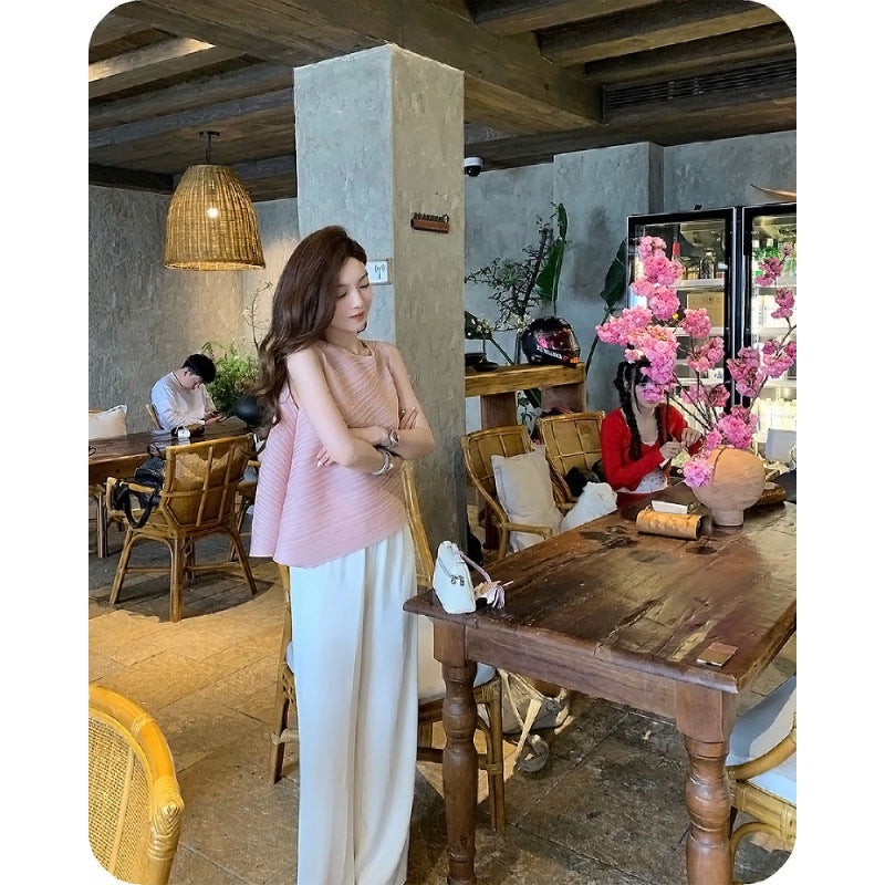 20.25 Million Thousand Pet Love Dyed White Elegant Lazy Miyake Sleeveless Top Pleated Tassel Skirt Women - Image 4