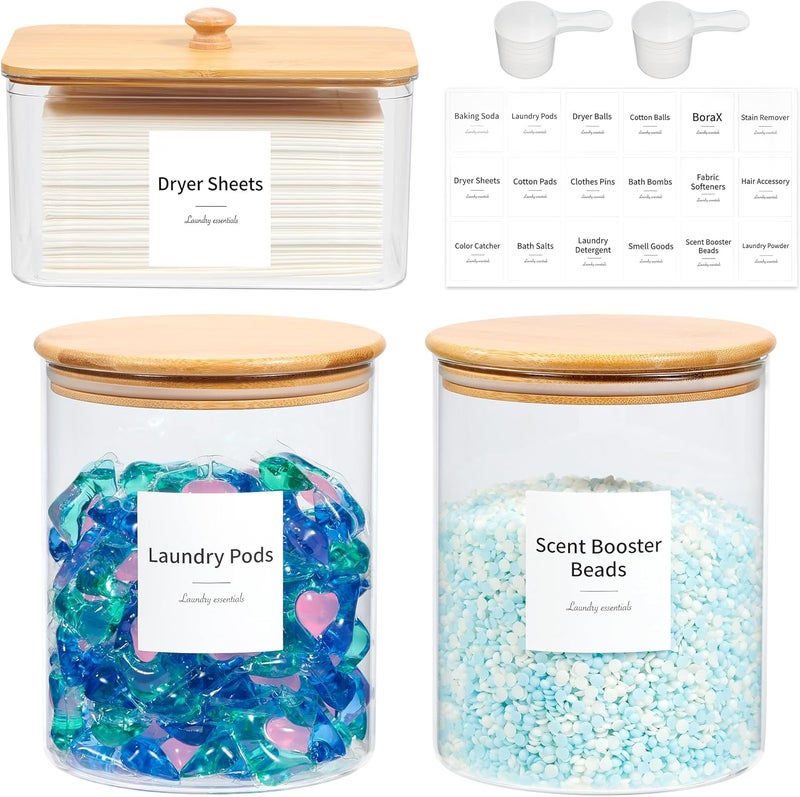 KitHero Glass Laundry Pods Container & Acrylic Dryer Sheet Holder with Bamboo Lids, Scoops & Labels | Premium Laundry Room Organization and Storage for Detergent Pods, Powder, Dryer Balls & Beads - Image 1