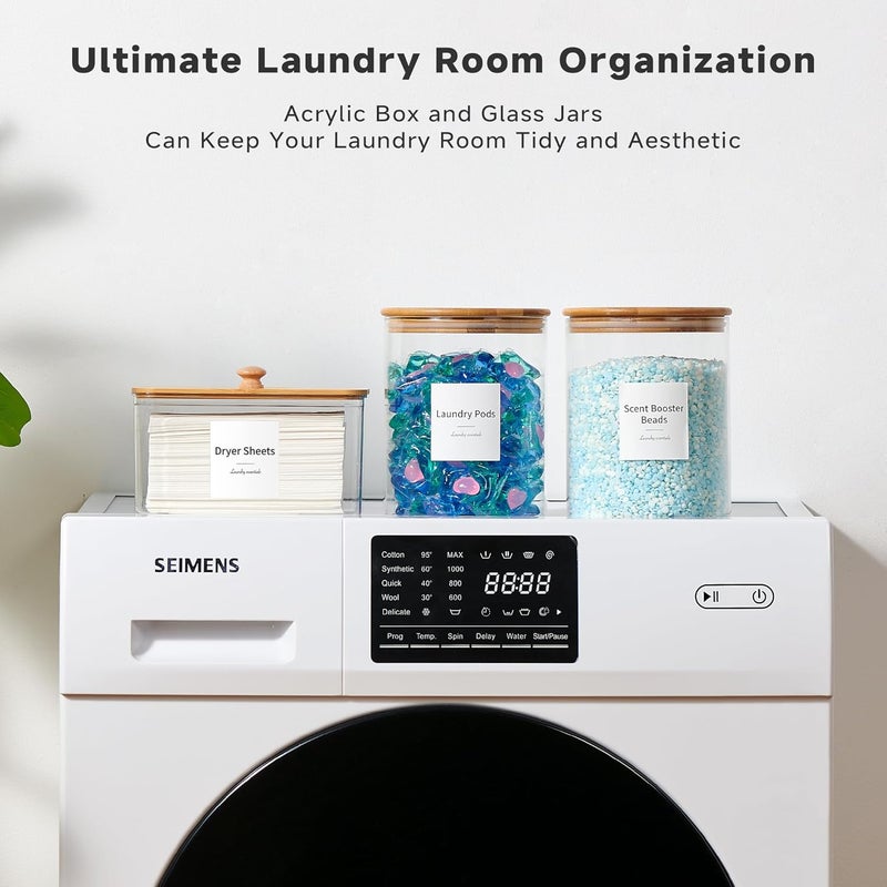 KitHero Glass Laundry Pods Container & Acrylic Dryer Sheet Holder with Bamboo Lids, Scoops & Labels | Premium Laundry Room Organization and Storage for Detergent Pods, Powder, Dryer Balls & Beads - Image 4
