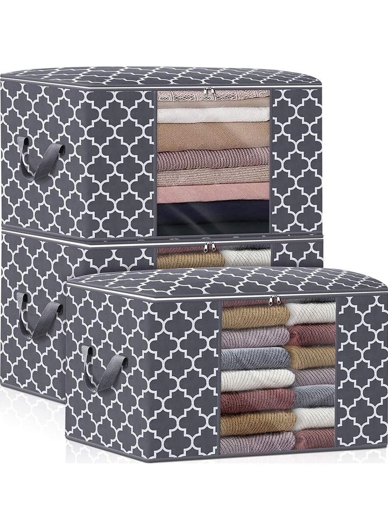 Storage Bags, 100L 3 Pack Large Blanket Clothes Organization and Storage Containers for Bedding, Comforters, Foldable Organizer with Reinforced Handle, Clear Window, Sturdy Zippers, Grey - Image 1