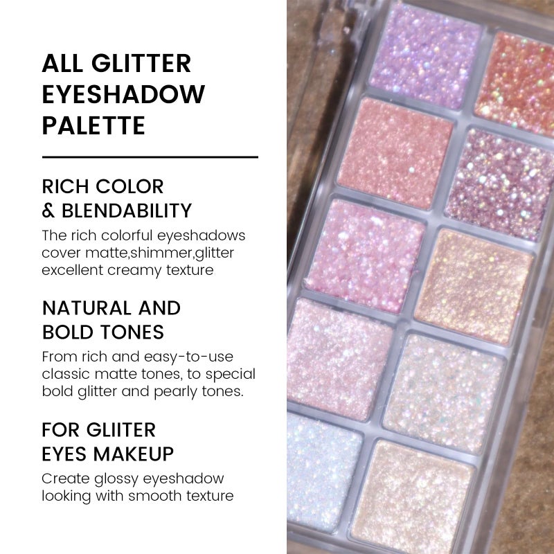 KYDA 10 Colors All Glitter Eyeshadow Palette, Sparkling Sequin Eyeshadow, Shiny Pearl Powder Eye Shadow, Multicolor Glitters Eyes Makeup, Pink Glitters Eyeshadsow Palette, Glitter Eyes Color - Image 2