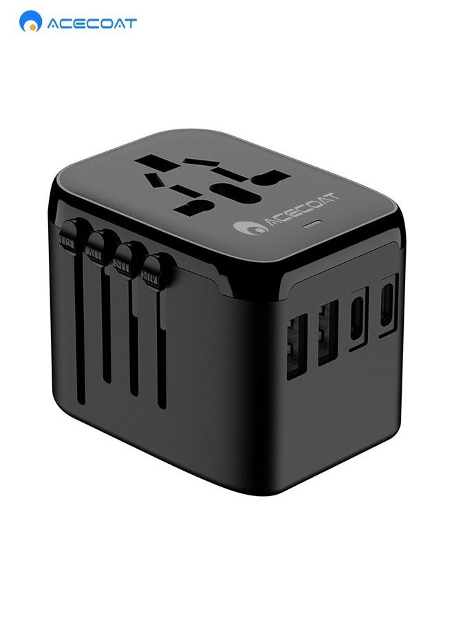 ACECOAT - Universal International Power Travel Plug Adapter, 5 in 1 European Travel Plug Adapter W/ 3.5A 2xUSB-A and 2xUSB C Wall Charger and Worldwide AC Outlet for Europe USA UK AUS Asia Black - Image 1