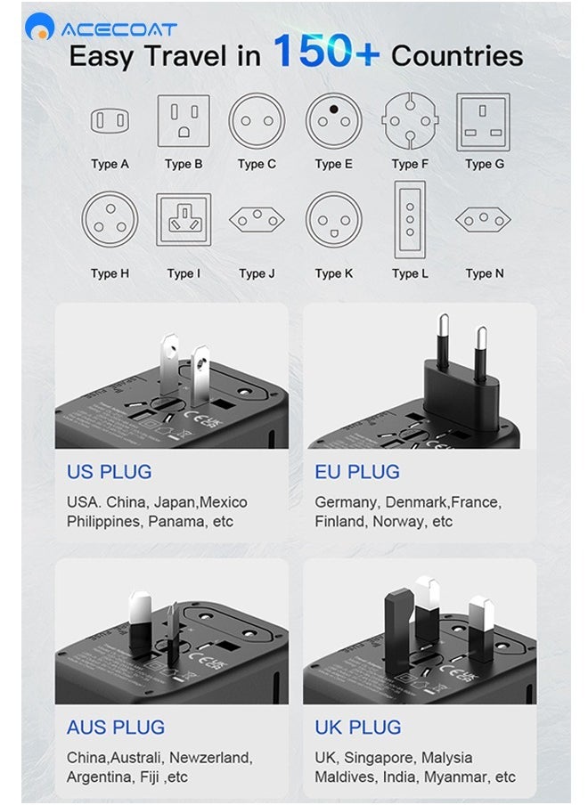 ACECOAT - Universal International Power Travel Plug Adapter, 5 in 1 European Travel Plug Adapter W/ 3.5A 2xUSB-A and 2xUSB C Wall Charger and Worldwide AC Outlet for Europe USA UK AUS Asia Black - Image 1