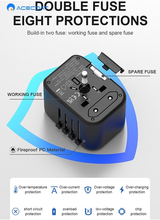 ACECOAT - Universal International Power Travel Plug Adapter, 5 in 1 European Travel Plug Adapter W/ 3.5A 2xUSB-A and 2xUSB C Wall Charger and Worldwide AC Outlet for Europe USA UK AUS Asia Black - Image 1