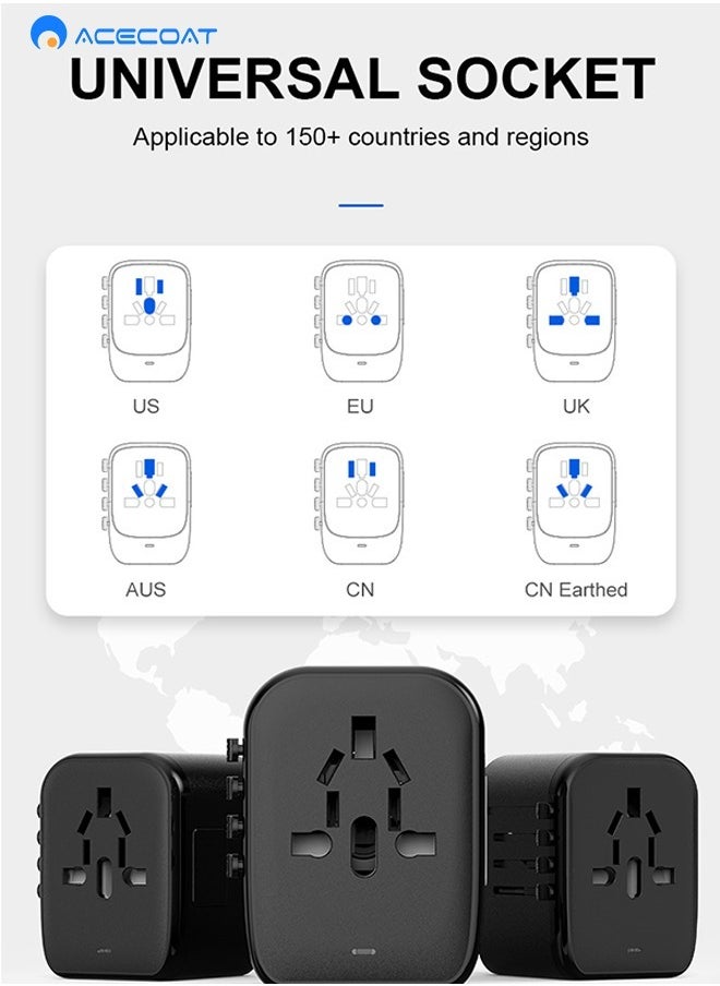 ACECOAT - Universal International Power Travel Plug Adapter, 5 in 1 European Travel Plug Adapter W/ 3.5A 2xUSB-A and 2xUSB C Wall Charger and Worldwide AC Outlet for Europe USA UK AUS Asia Black - Image 1