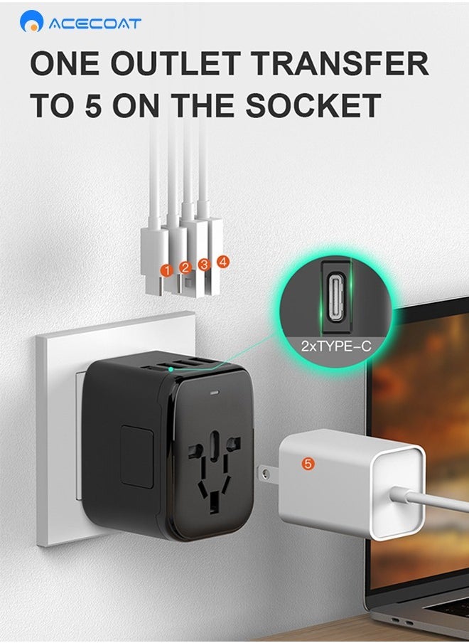 ACECOAT - Universal International Power Travel Plug Adapter, 5 in 1 European Travel Plug Adapter W/ 3.5A 2xUSB-A and 2xUSB C Wall Charger and Worldwide AC Outlet for Europe USA UK AUS Asia Black - Image 1