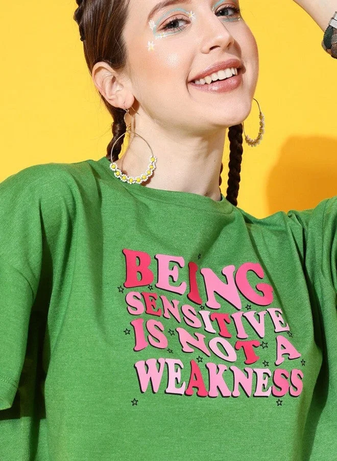 STREET 9 Green Printed Oversized Crop T-Shirt for Women