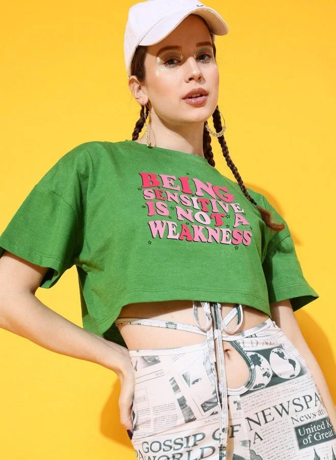 STREET 9 Green Printed Oversized Crop T-Shirt for Women