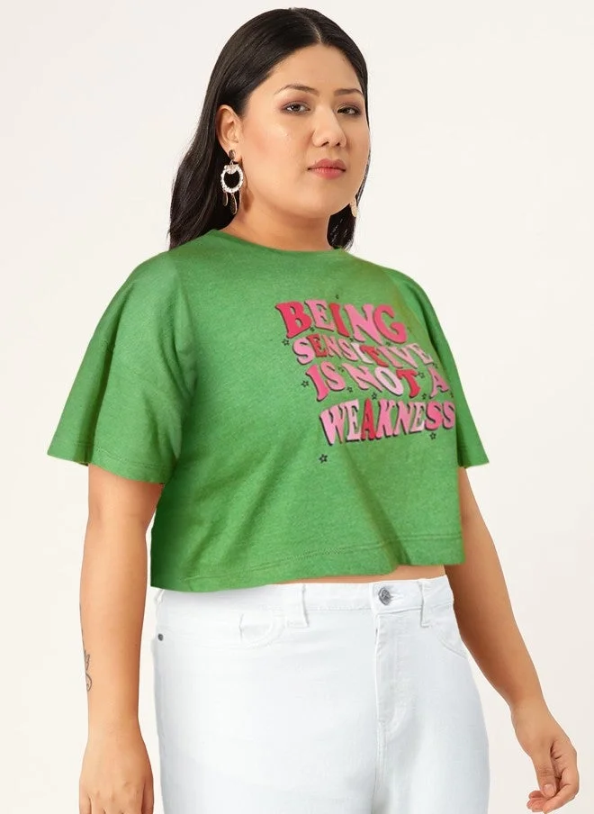 Green Printed Oversized Crop T-Shirt for Women