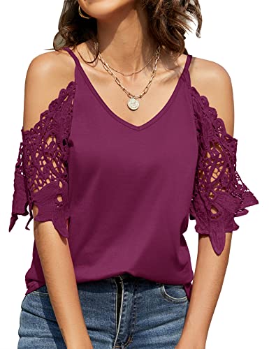 TFSDOD Womens V Neck Cold Shoulder Tops Shirts Summer Causal Cutout Lace Short Sleeve Blouses Shirt Fuchsia Medium - Image 1