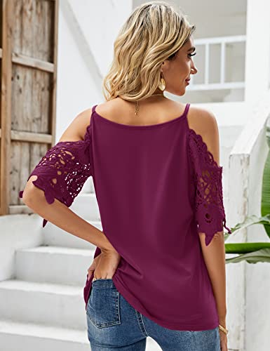 TFSDOD Womens V Neck Cold Shoulder Tops Shirts Summer Causal Cutout Lace Short Sleeve Blouses Shirt Fuchsia Medium - Image 4