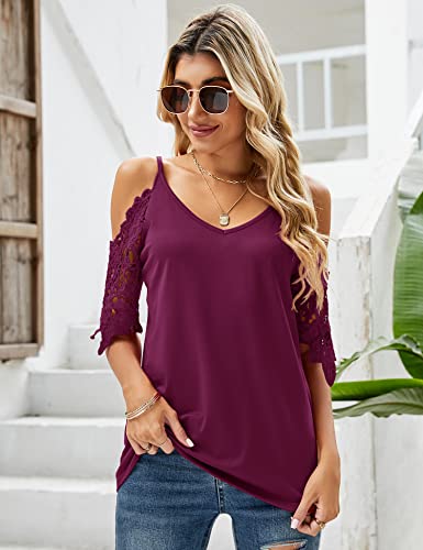 TFSDOD Womens V Neck Cold Shoulder Tops Shirts Summer Causal Cutout Lace Short Sleeve Blouses Shirt Fuchsia Medium - Image 2