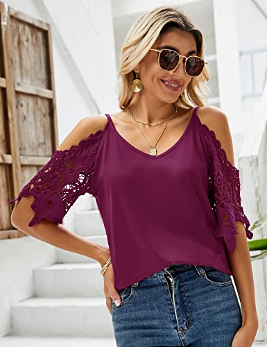 TFSDOD Womens V Neck Cold Shoulder Tops Shirts Summer Causal Cutout Lace Short Sleeve Blouses Shirt Fuchsia Medium - Image 3