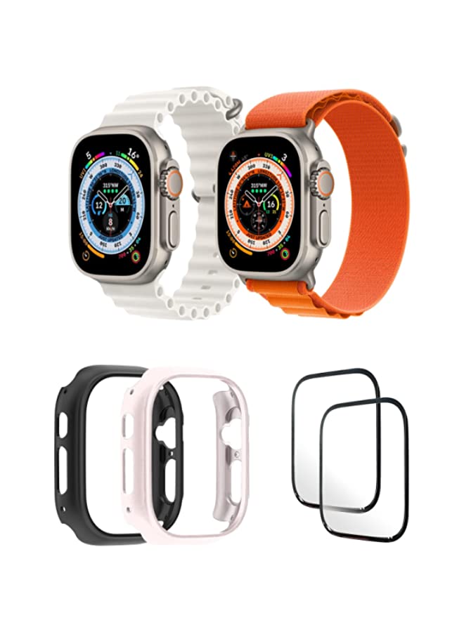 IAF Silicone Ocean Band Strap for iWatch Ultra 8 49mm,Nylon G-hook Loop Buckle Watch Strap Snow White/Orange , Case Compatible with iWatch Ultra 49mm Black/Pink ,2* pcs Watch glass Set of 6