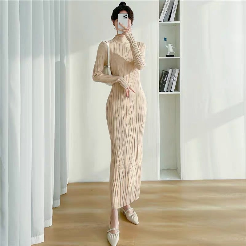Long Knitted dress Womens Autumn and Winter Tight Hip Base Shirt Half-high Neck Inner Knitted Sweater Over-the-knee Long Skirt Khaki - Image 1